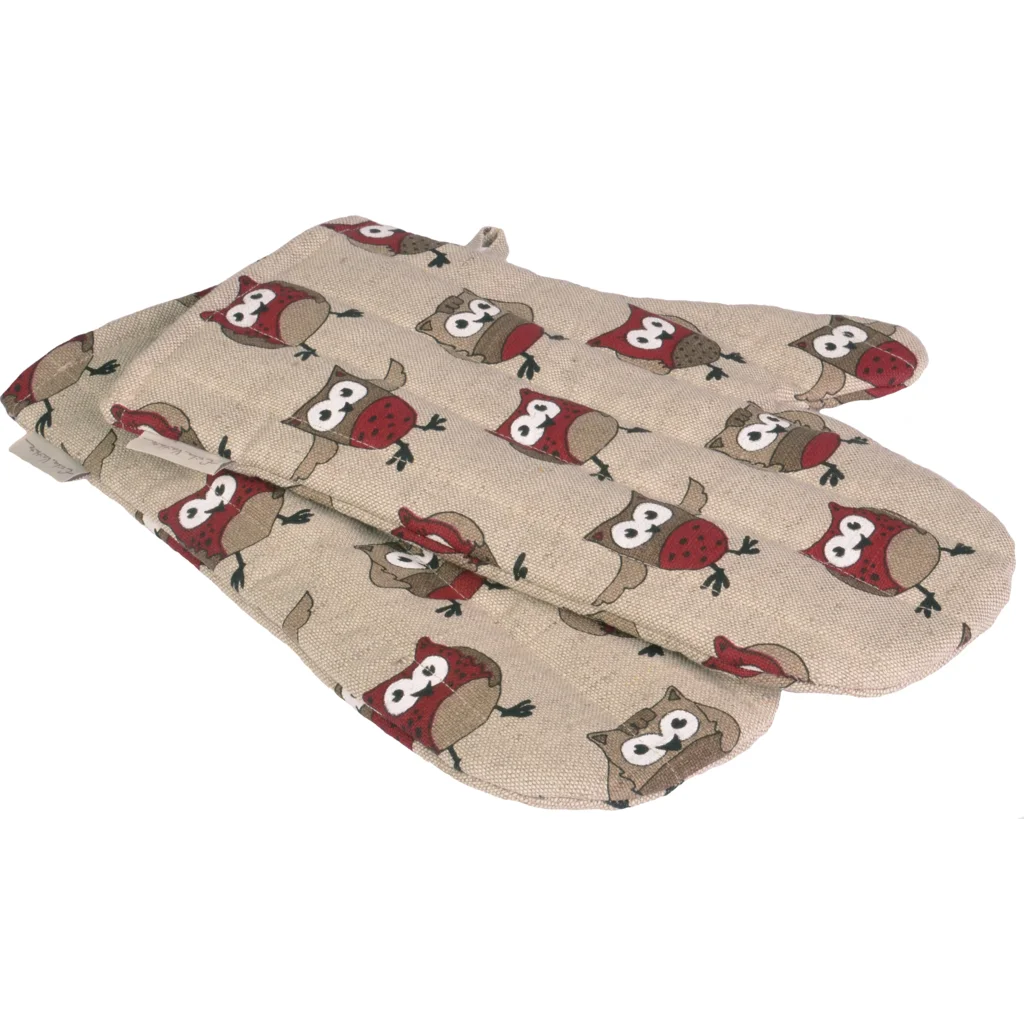 Halbleinen Ofenhandschuh Eule 2er-Pack in Beige+Dunkelrot+Schwarz Beige+Rot+Schwarz Muster Eule von Erika Vaitkute Größe 15x30 cm
