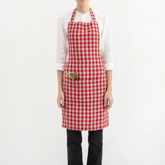 Leinen Alltagsschürze Karo in Rot+Beige Muster Karo von Linen Tales Größe 70 cm breit+ 82 cm lang