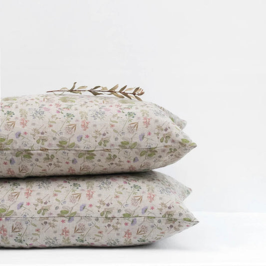 Leinen Bettwäsche Botanik Kissenbezug in Creme+Rosa+Grün+Braun Muster Botanik von Linen Tales Größe 40x60 cm