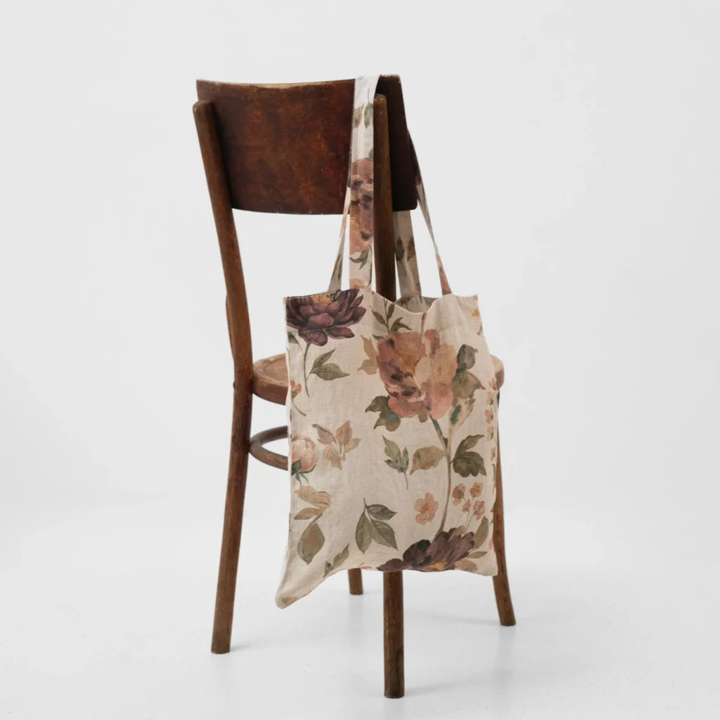 Leinen Einkaufstasche Blumen in Creme+Aubergine+Olive Creme+Beere+Grün Muster Blumen von Linen Tales Größe 38 cm breit+ 42 cm lang