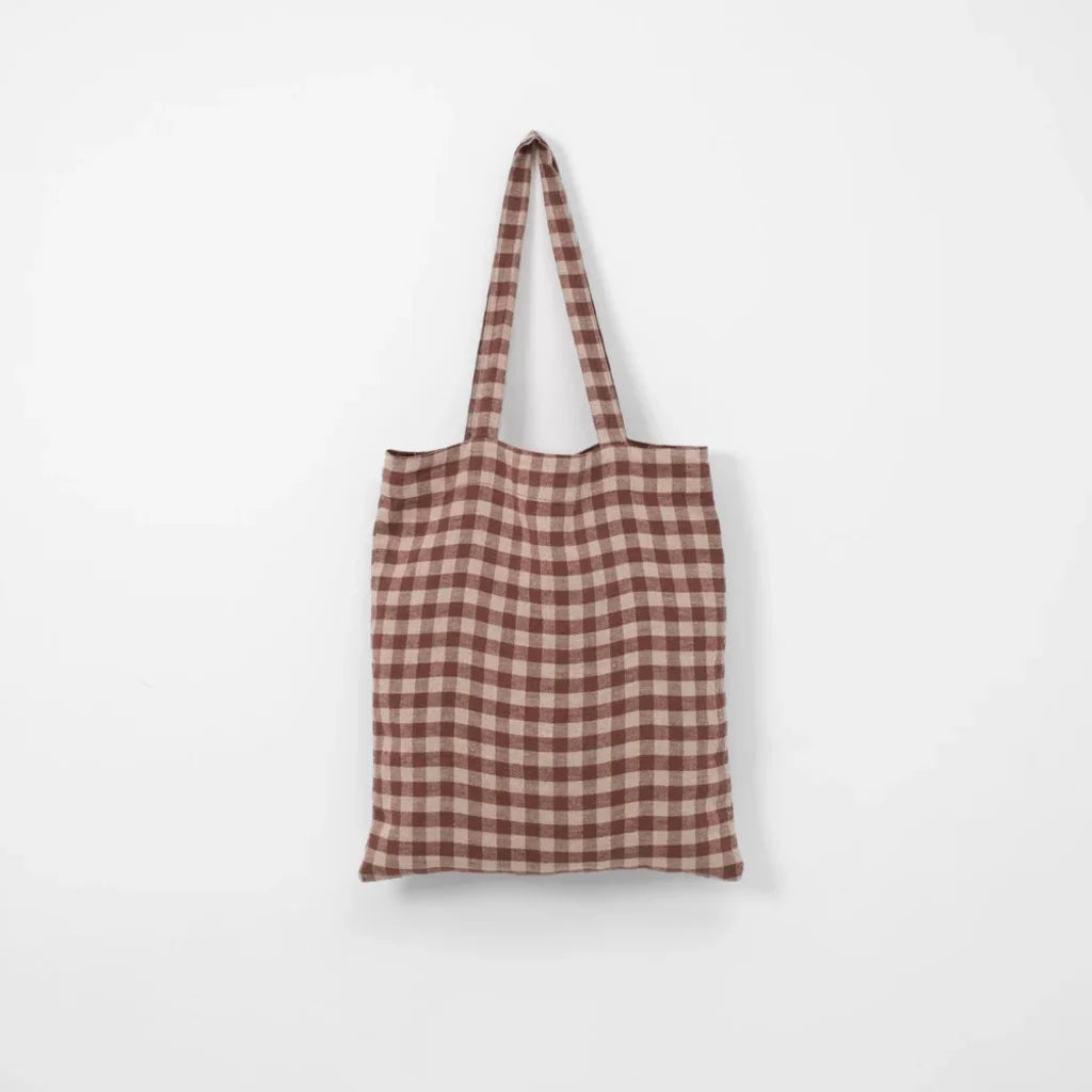 Leinen Einkaufstasche Karo in Schokolade+Beige Braun+Beige Muster Karo von Linen Tales Größe 38 cm breit+ 42 cm lang