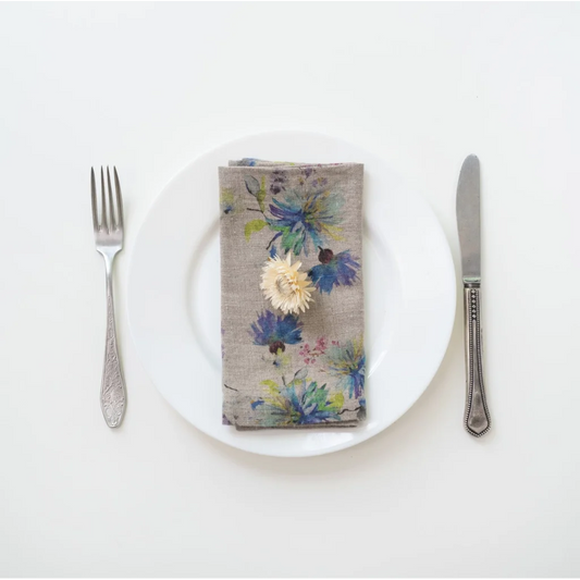 Leinen Stoffserviette Blumen 2er-Pack in Creme+Blau Muster Blumen von Linen Tales Größe 45x45 cm