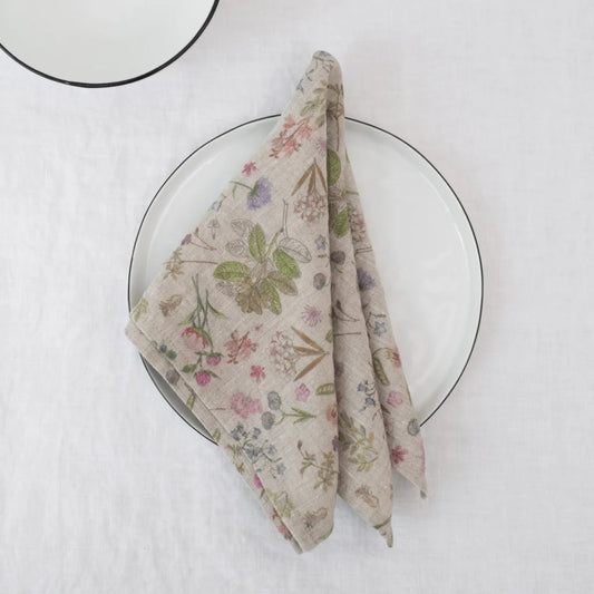 Leinen Stoffserviette Botanik 2er-Pack in Creme+Rosa+Grün+Braun Muster Botanik von Linen Tales Größe 50x50 cm