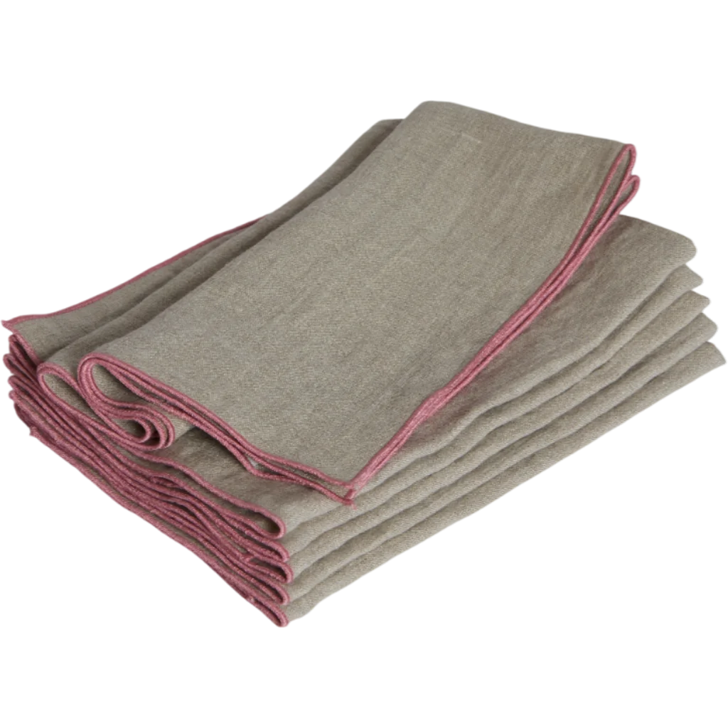 Leinen Stoffserviette VILNIA beige mit bunter Umkettelung 6er-Pack in Beige+Rosa von Erika Vaitkute Größe 47x47 cm