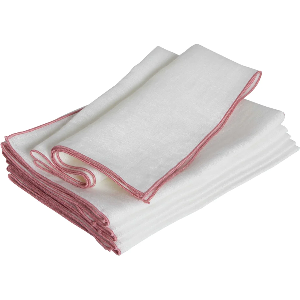 Leinen Stoffserviette VILNIA weiß mit bunter Umkettelung 6er-Pack in Weiß+Rosa von Erika Vaitkute Größe 47x47 cm