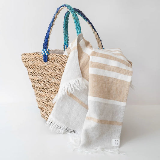Leinen Strandtuch Streifen mit Fransen in Weiß+Stein+Beige Weiß+Grau+Beige Muster Streifen von Linen Tales Größe 85x140 cm
