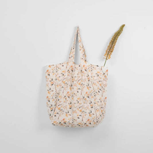 Leinen Tasche Blätter in Weiß+Orange+Grau Muster Blätter von Linen Tales Größe 54 cm breit+ 60 cm lang