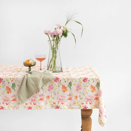 Leinen Tischdecke Blumen in Weiß+Rosa+Orange+Grün Muster Blumen von Linen Tales Größe 140x200 cm