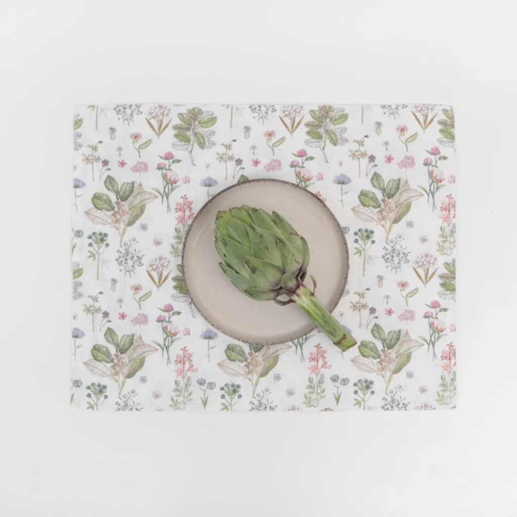 Leinen Tischset Botanik 2er-Pack in Weiß+Rosa+Grün+Braun Muster Botanik von Linen Tales Größe 45x35 cm