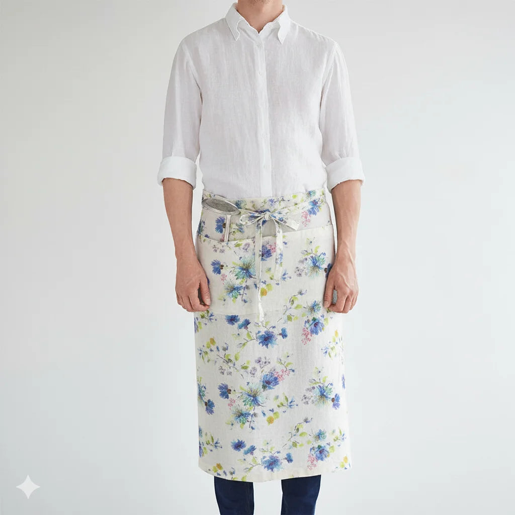 Leinen Vorbinder Blumen in Weiß+Blau Muster Blumen von Linen Tales Größe 105 cm breit+ 78 cm lang