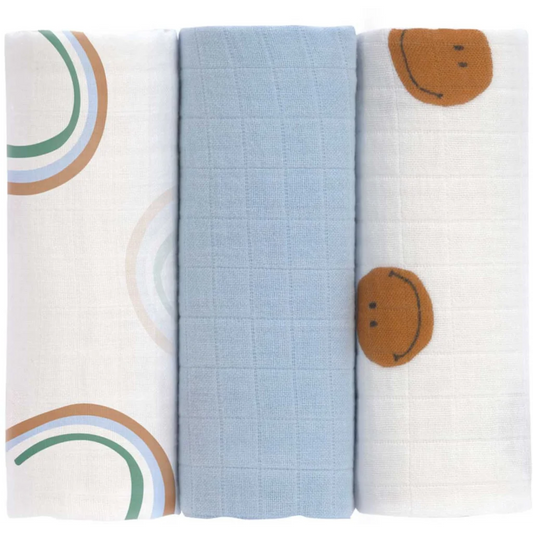Bio Mull Baby-Tuch Smiley 3er-Pack in Hellblau Blau Muster Regenbogen+Smiley von Lässig Größe 60x60 cm