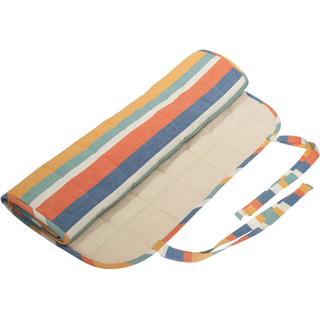 Bio Strandmatte Streifen in Blau+Türkis+Orange+Creme Blau+Blau+Orange+Creme Muster Streifen von Living Crafts Größe 75x190 cm