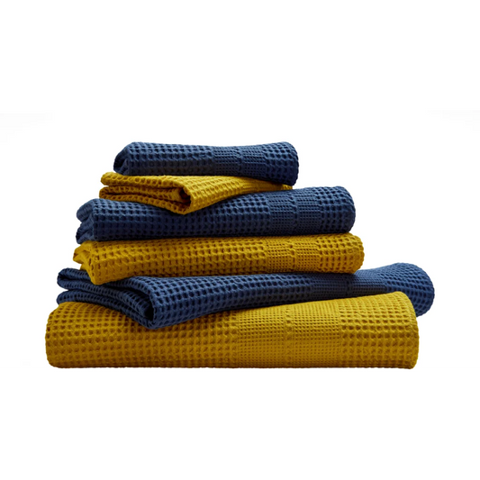 Bio Waffelpiqué Geschenkset 6-teilig in Curry+Azurblau Blau+Gelb von Cotonea Größe 2x 35x50 cm+ 2x 50x100 cm+ 2x 70x140 cm