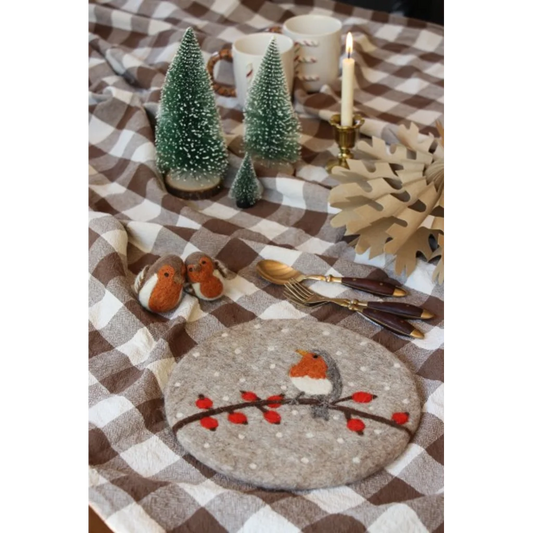 Filz Untersetzer rund Vogel in Hellgrau+Rot Grau+Rot Muster Vogel von GLOBO Größe Ø 21 cm