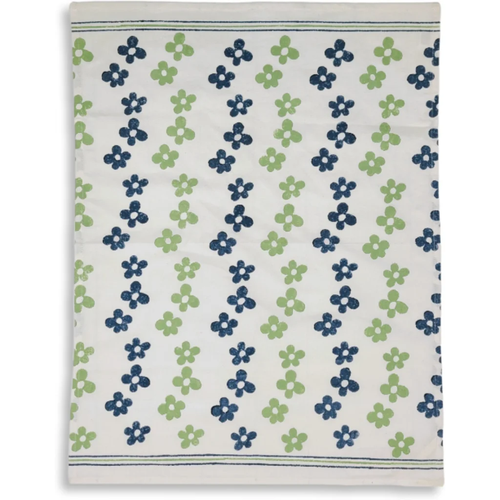 Geschirrtuch Blumen in Dunkelblau+Hellgrün Blau+Grün Muster Blumen von Frida Feeling Größe 50x65 cm