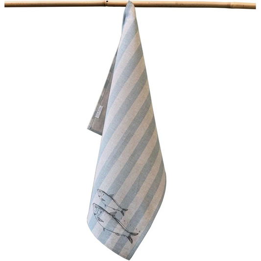 Halbleinen Geschirrtuch Fische 2er-Pack in Beige+Hellblau Beige+Blau Muster Streifen+ Fische von Erika Vaitkute Größe 47x70 cm