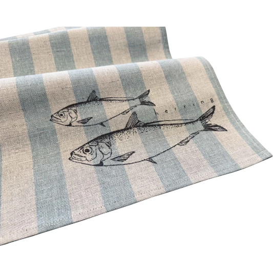 Halbleinen Geschirrtuch Fische 2er-Pack in Beige+Hellblau Beige+Blau Muster Streifen+ Fische von Erika Vaitkute Größe 47x70 cm