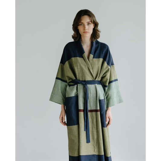 Halbleinen Morgenmantel Blockstreifen in Dunkelblau+Olive Blau+Grün Muster Streifen von Linen Tales Größe Einheitsgröße