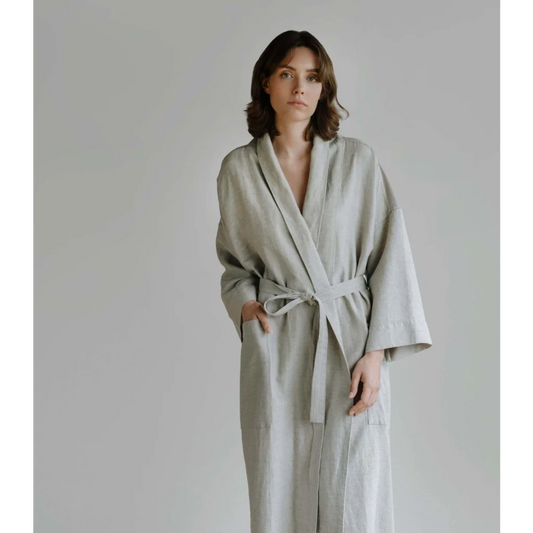 Halbleinen Morgenmantel in Beige von Linen Tales Größe Einheitsgröße