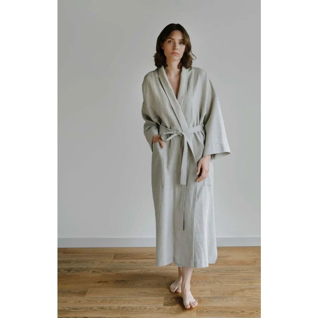 Halbleinen Morgenmantel in Beige von Linen Tales Größe Einheitsgröße