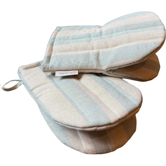 Halbleinen Ofenhandschuh Fische 2er-Pack in Beige+Hellblau Beige+Blau Muster Streifen+ Fische von Erika Vaitkute Größe 15x21 cm