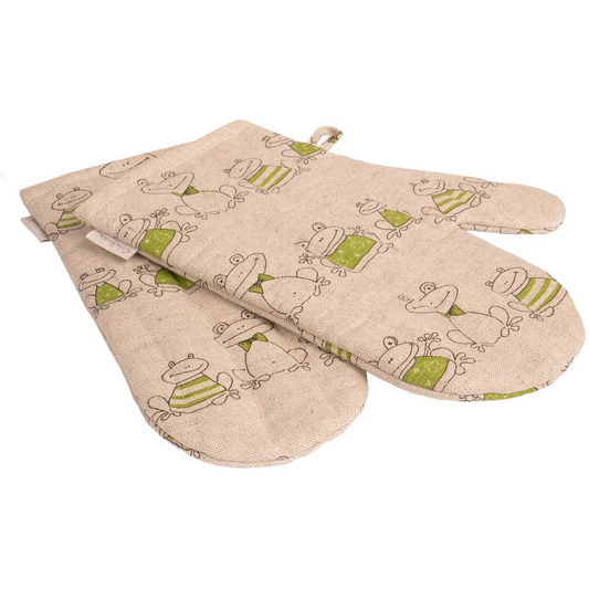 Halbleinen Ofenhandschuh Frosch 2er-Pack in Beige+Grün+Schwarz Muster Frosch von Erika Vaitkute Größe 15x30 cm