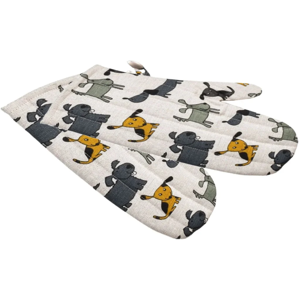 Halbleinen Ofenhandschuh Hund 2er-Pack in Beige+Senfgelb+Grau Beige+Gelb+Grau Muster Hund von Erika Vaitkute Größe 15x30 cm