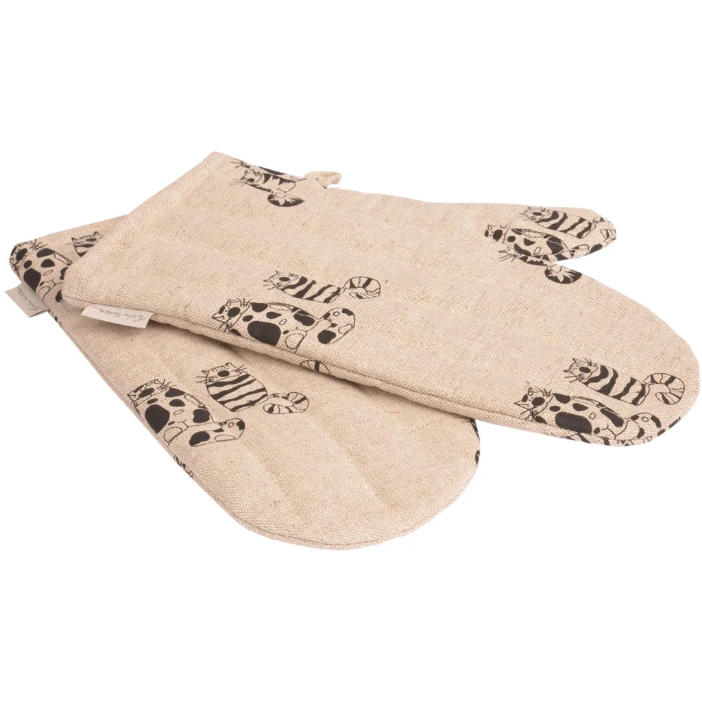 Halbleinen Ofenhandschuh Katze 2er-Pack in Beige+Schwarz Muster Katze von Erika Vaitkute Größe 15x30 cm