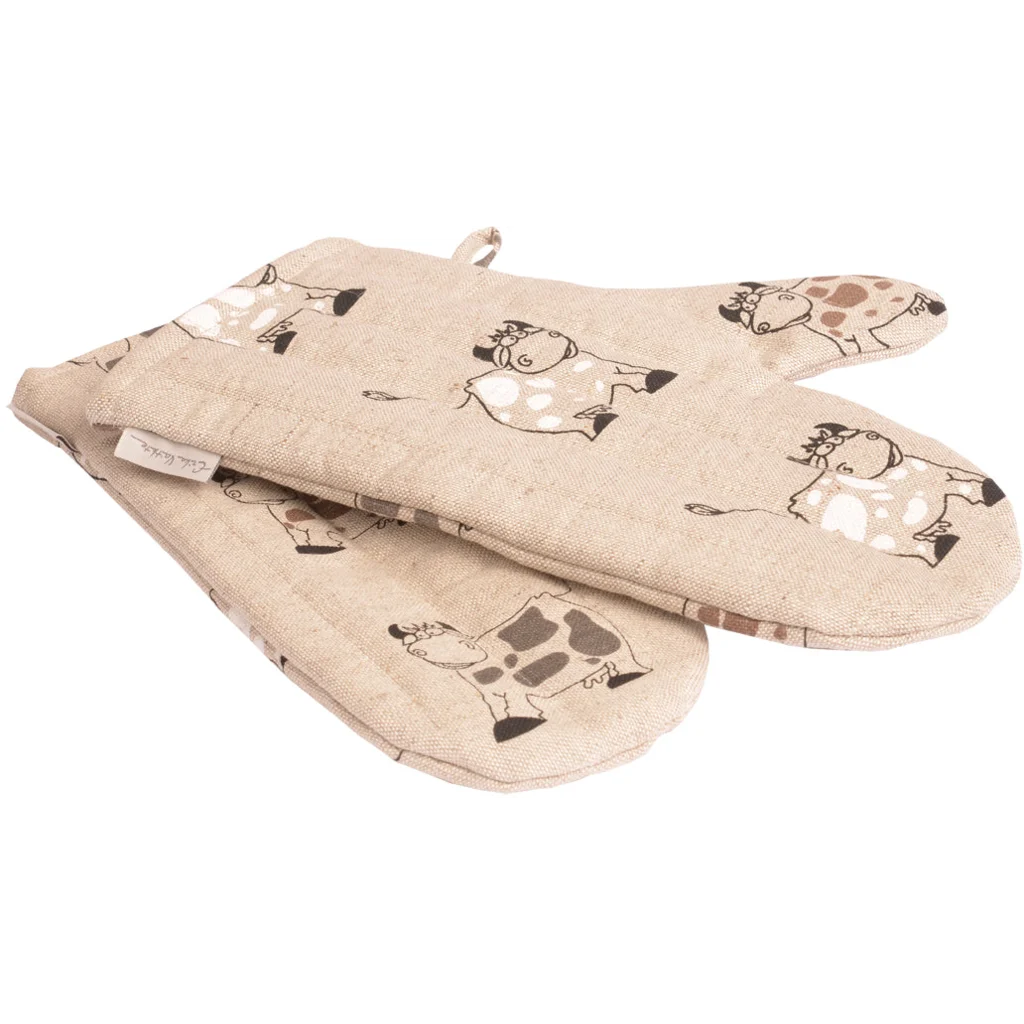 Halbleinen Ofenhandschuh Kuh 2er-Pack in Beige+Schwarz Muster Kuh von Erika Vaitkute Größe 15x30 cm