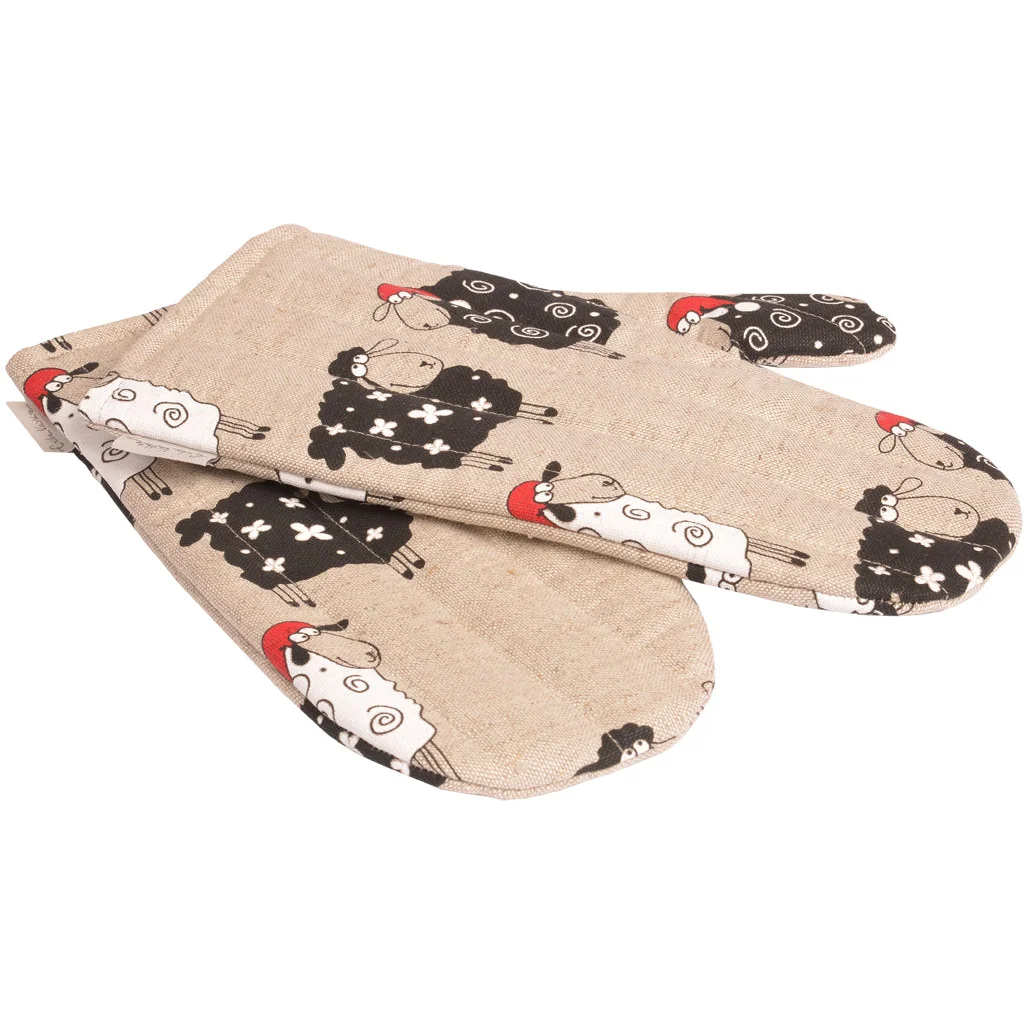 Halbleinen Ofenhandschuh Schaf 2er-Pack in Beige+Rot+Schwarz+Weiß Muster Schaf von Erika Vaitkute Größe 15x30 cm