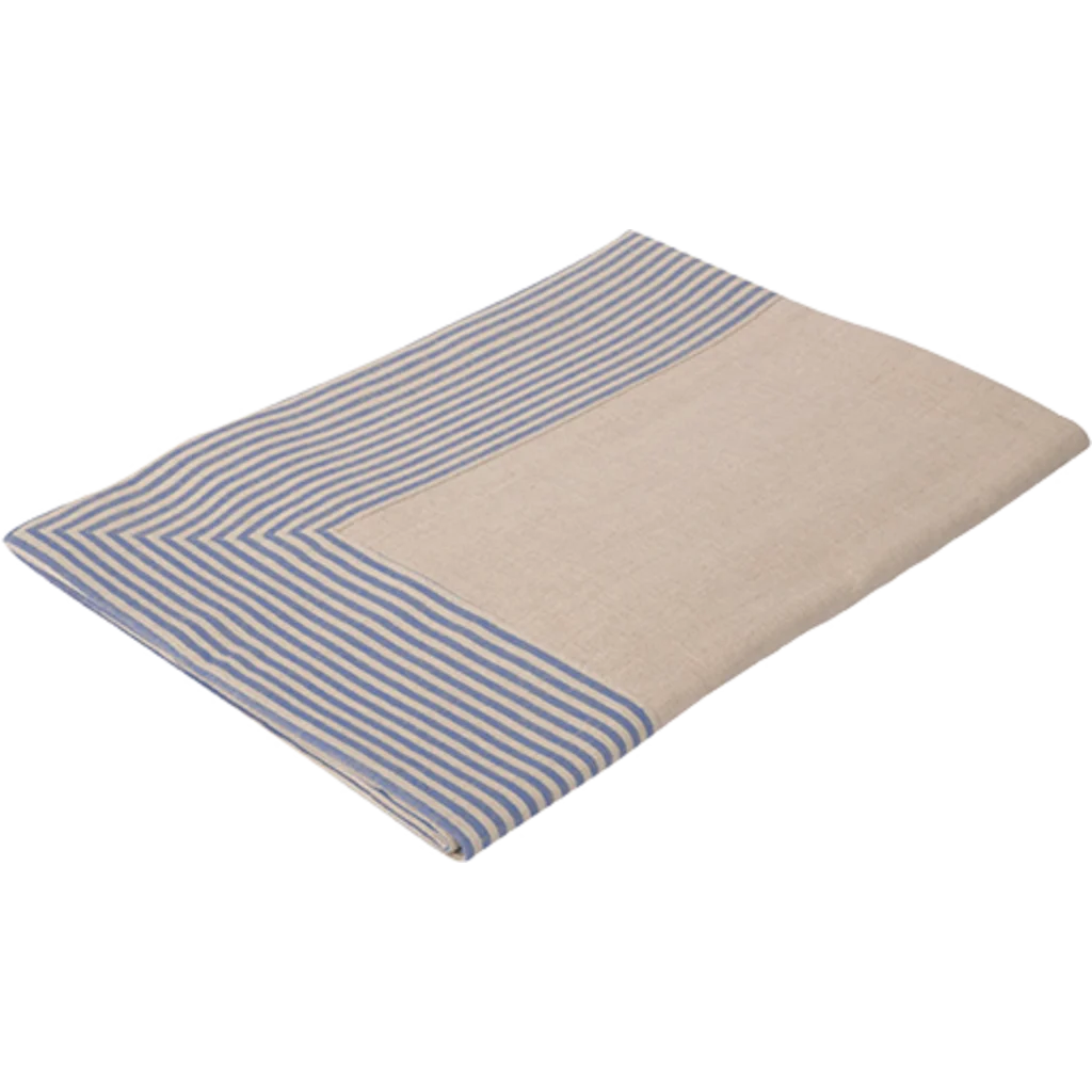 Halbleinen Tischdecke MILDA in Beige+Blau Muster Streifen von Erika Vaitkute Größe 130x170 cm