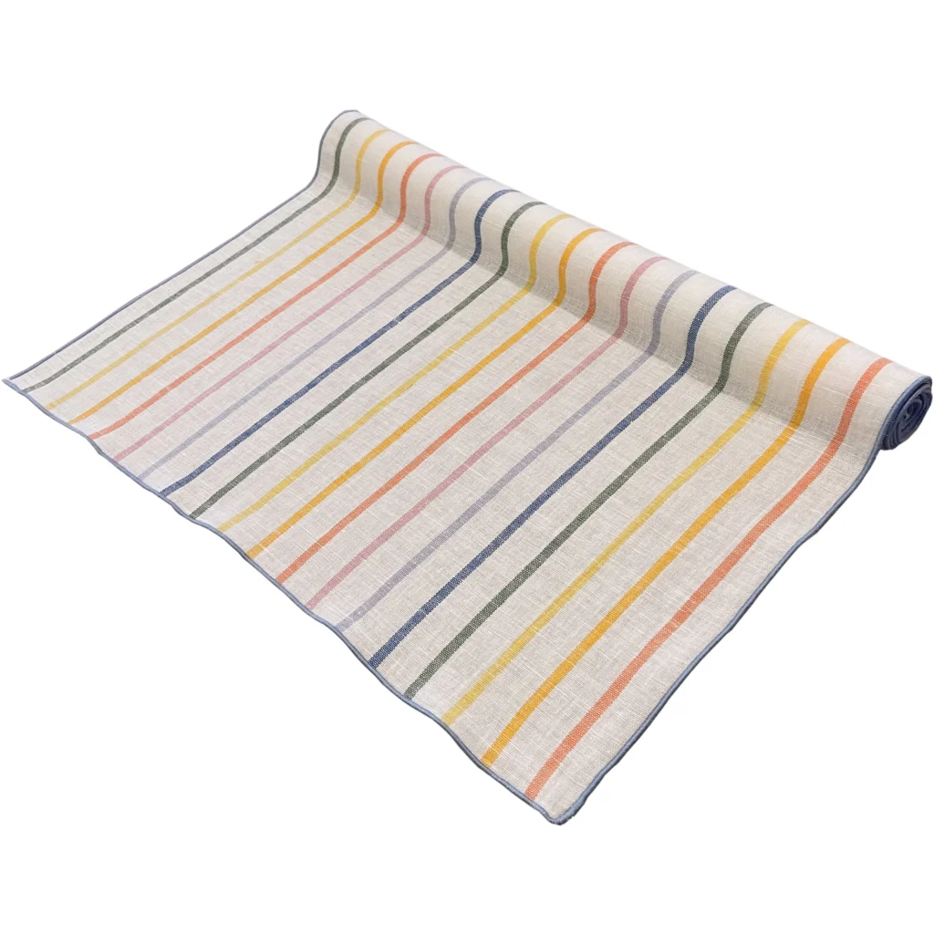 Halbleinen Tischläufer MERKYS in Weiß+Blau+Grün+Gelb Muster Streifen von Erika Vaitkute Größe 47x145 cm