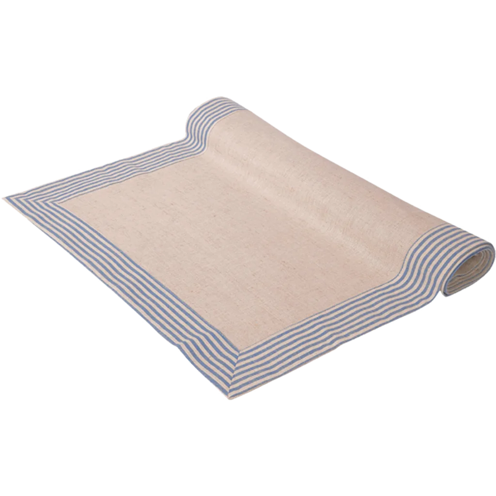 Halbleinen Tischläufer MILDA in Beige+Blau Muster Streifen von Erika Vaitkute Größe 45x140 cm