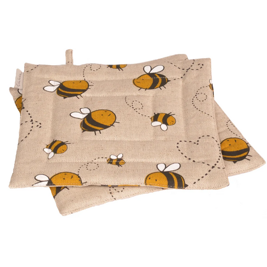 Halbleinen Topflappen Biene 2er-Pack in Beige+Gelb+Schwarz Muster Biene von Erika Vaitkute Größe 23x23 cm