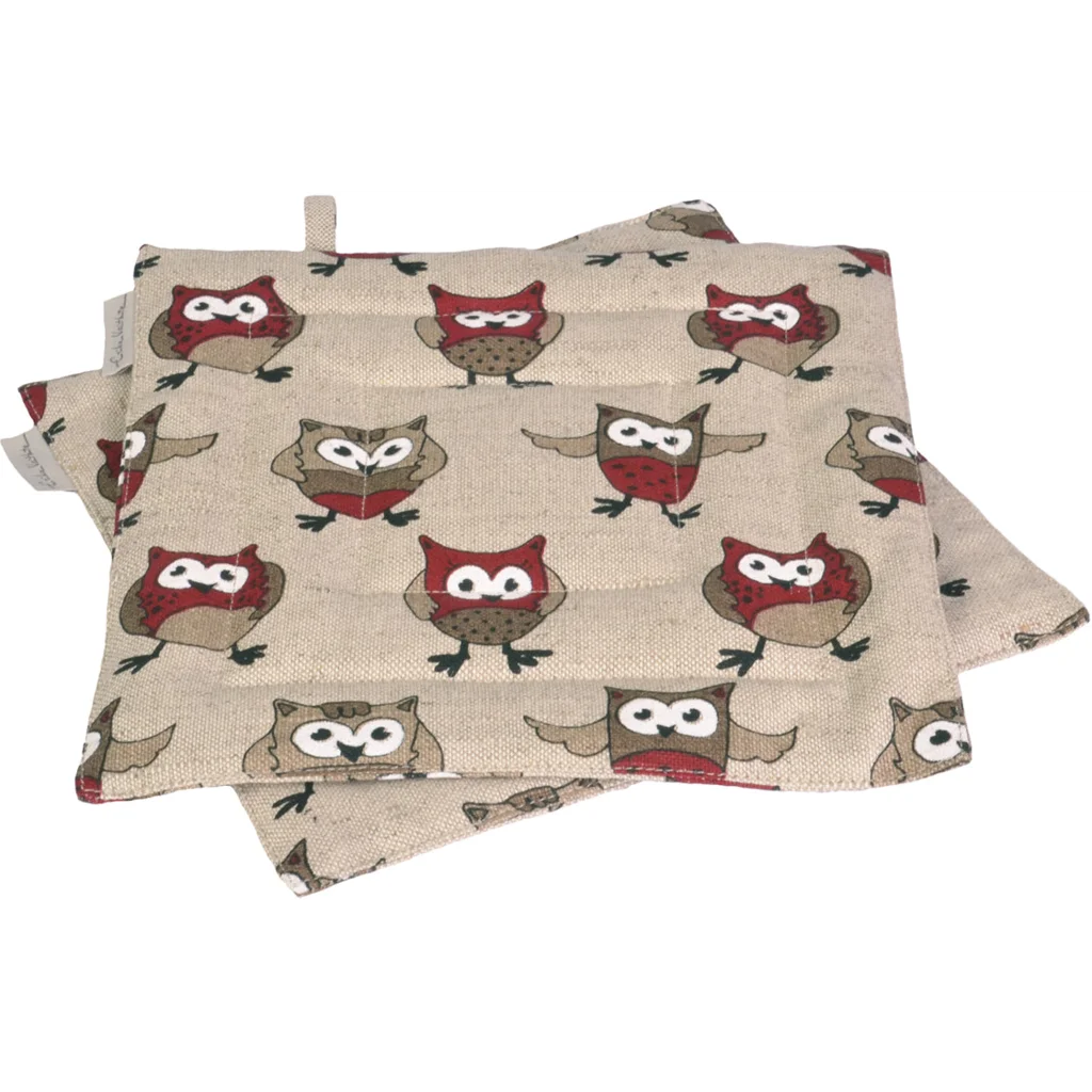 Halbleinen Topflappen Eule 2er-Pack in Beige+Dunkelrot+Schwarz Beige+Rot+Schwarz Muster Eule von Erika Vaitkute Größe 23x23 cm