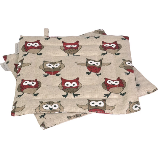Halbleinen Topflappen Eule 2er-Pack in Beige+Dunkelrot+Schwarz Beige+Rot+Schwarz Muster Eule von Erika Vaitkute Größe 23x23 cm