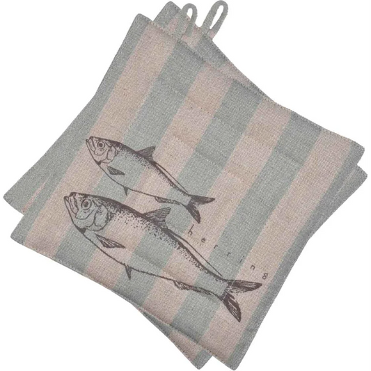 Halbleinen Topflappen Fische 2er-Pack in Beige+Hellblau Beige+Blau Muster Streifen+ Fische von Erika Vaitkute Größe 23x23 cm