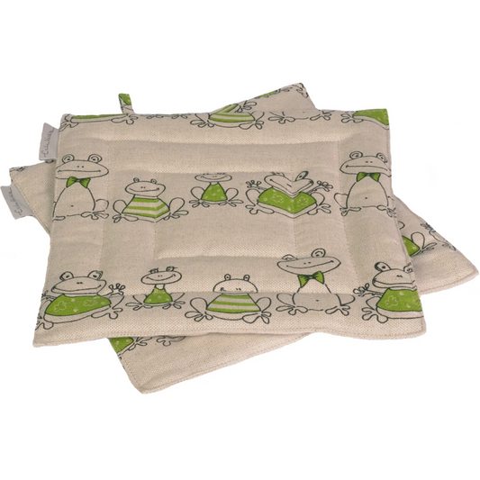 Halbleinen Topflappen Frosch 2er-Pack in Beige+Grün+Schwarz Muster Frosch von Erika Vaitkute Größe 23x23 cm