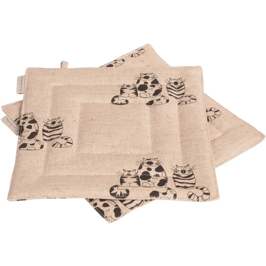 Halbleinen Topflappen Katze 2er-Pack in Beige+Schwarz Muster Katze von Erika Vaitkute Größe 23x23 cm