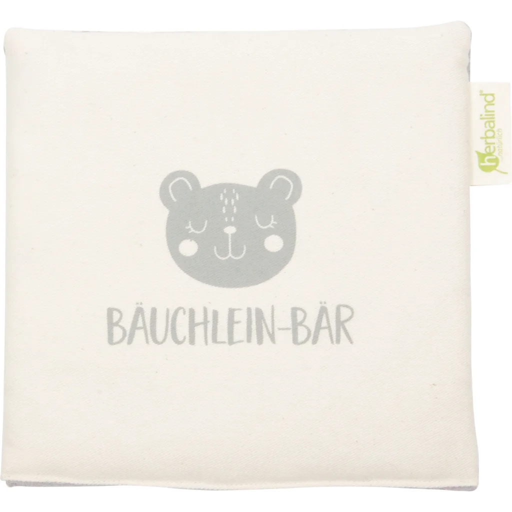 Kinder-Wärmekissen mit Füllung Bio-Getreide & Kräutern BÄUCHLEIN BÄR in Creme+Grau Muster Unifarben mit Aufdruck von herbalind Größe 19x19 cm