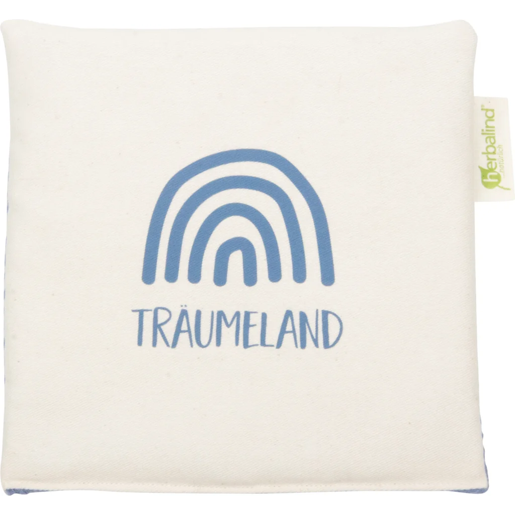 Kinder-Wärmekissen mit Füllung Bio-Getreide & Lavendel TRÄUMELAND in Creme+Blau Muster Unifarben mit Aufdruck von herbalind Größe 19x19 cm