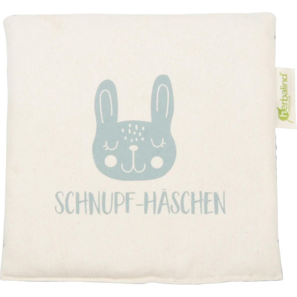 Kinder-Wärmekissen mit Füllung Bio-Getreide & Minze SCHNUPF HÄSCHEN in Creme+Mint Creme+Grün Muster Unifarben mit Aufdruck von herbalind Größe 19x19 cm