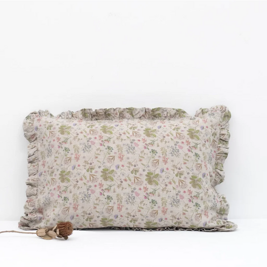 Leinen Bettwäsche Botanik Kissenbezug mit Rüschen in Creme+Rosa+Grün+Braun Muster Botanik von Linen Tales Größe 40x40 cm