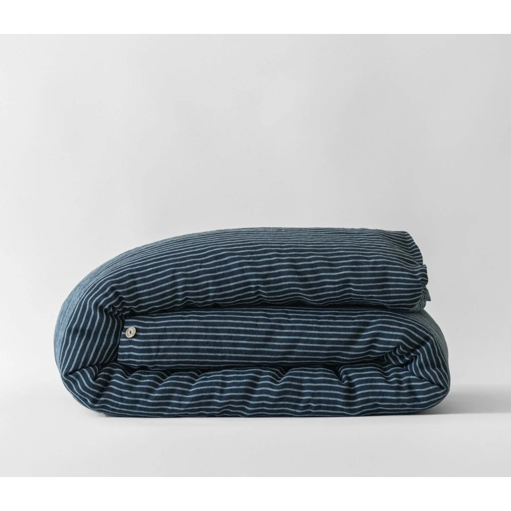 Leinen Bettwäsche Streifen Bettbezug in Dunkelblau+Weiß Blau+Weiß Muster Streifen von Linen Tales Größe 150x210 cm