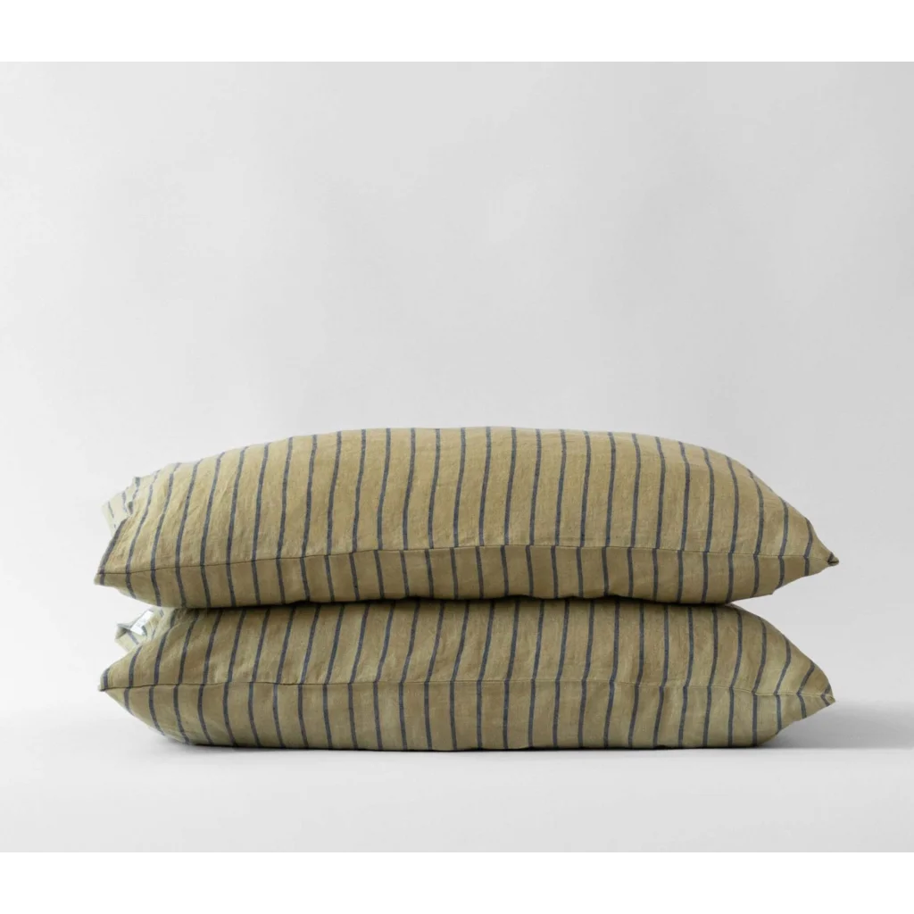 Leinen Bettwäsche Streifen Kissenbezug 2er-Pack in Olive+Dunkelblau Grün+Blau Muster Streifen von Linen Tales Größe 50x75 cm