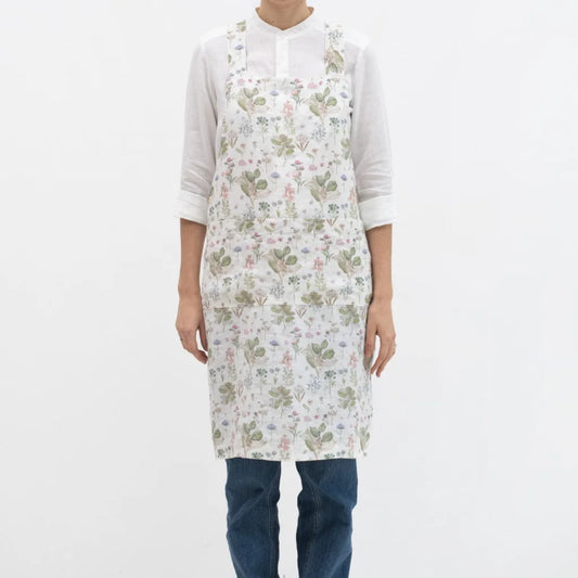 Leinen Crossback-Schürze Botanik in Weiß+Rosa+Grün+Braun Muster Botanik von Linen Tales Größe 94 cm breit+ 83 cm lang