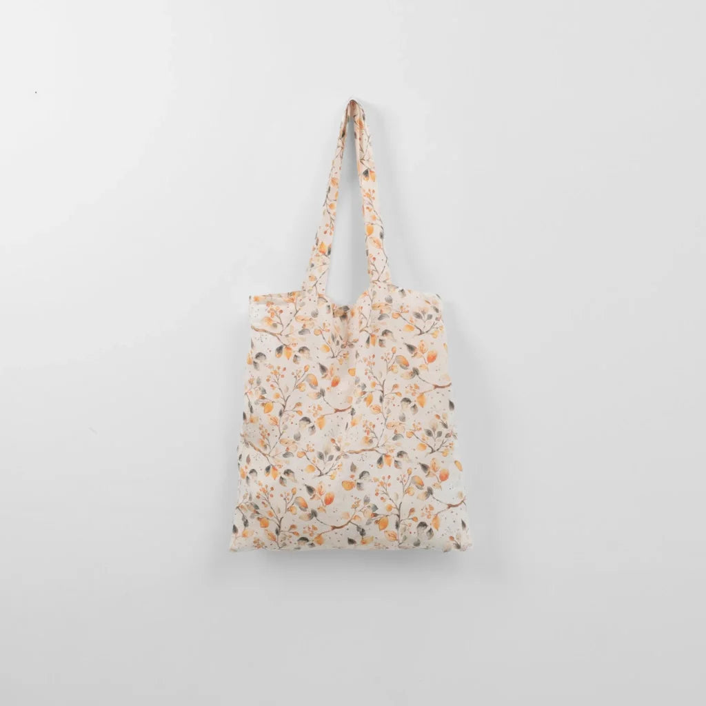 Leinen Einkaufstasche Blätter in Weiß+Orange+Grau Muster Blätter von Linen Tales Größe 38 cm breit+ 42 cm lang