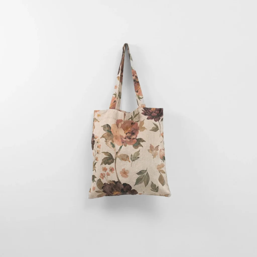 Leinen Einkaufstasche Blumen in Creme+Aubergine+Olive Creme+Beere+Grün Muster Blumen von Linen Tales Größe 38 cm breit+ 42 cm lang