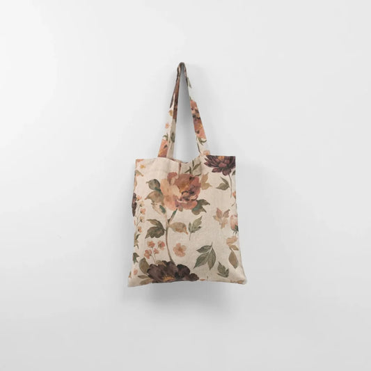 Leinen Einkaufstasche Blumen in Creme+Aubergine+Olive Creme+Beere+Grün Muster Blumen von Linen Tales Größe 38 cm breit+ 42 cm lang
