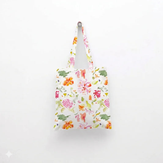Leinen Einkaufstasche Blumen in Weiß+Rosa+Orange+Grün Muster Blumen von Linen Tales Größe 38 cm breit+ 42 cm lang